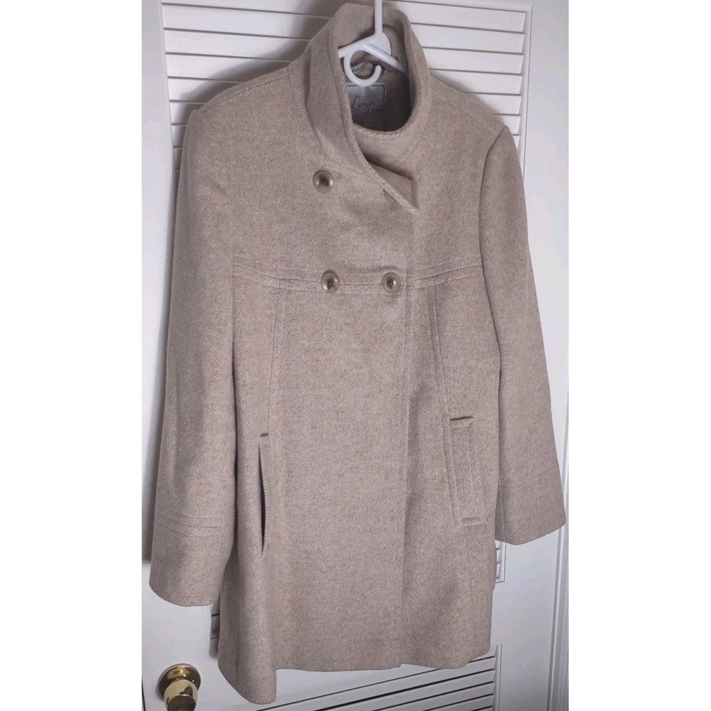 Wool‎ Coat Larry Levin Neutral Oatmeal Colored Double Breasted Overcoat ~ Size L